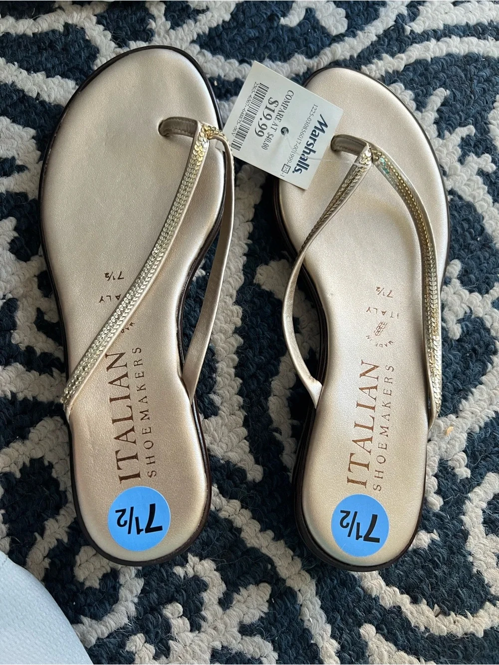 Italian Shoemakers Gold Jeweled Strap Flip Flop Sandals
